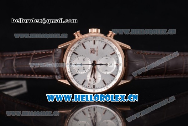 Tag Heuer Carrera Calibre 1887 Swiss Valjoux 7750 Automatic Rose Gold Case with Silver Dial and Stick Markers Brown Leather Strap (V6) - Click Image to Close